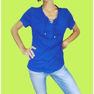 Rafaella Rich Blue Gold Accent Tie Front Cap Sleeve Casual Top ~ Medium